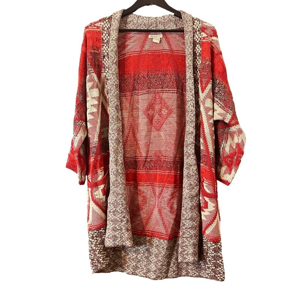 Lucky Brand Womens Sedona Red Tan Knit Open Front Cardigan Sweater Size Medium